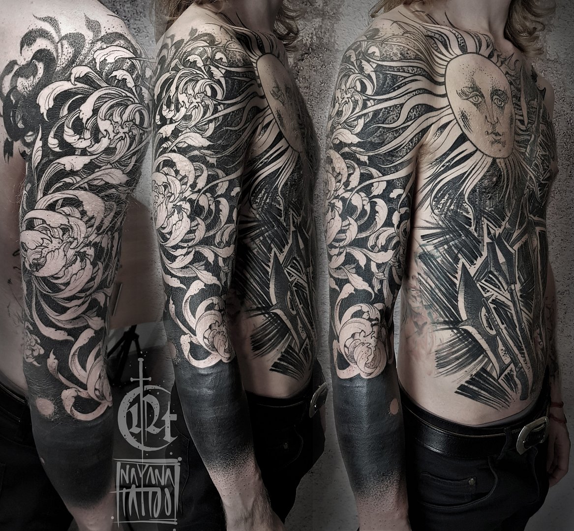 chrysanthemum-tattoo-blackwork-sleeve